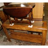 A small oak drop leaf table, 70cm wide and a rectangular side table with bergere style top.