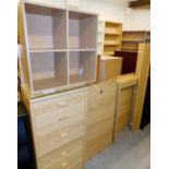 Light wood furnishings, pigeon holes, 60cm high, bedside cabinets joined by headboard.
