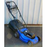 A Einhell electric rota mower in blue with grass box, 88cm high.