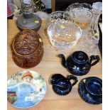 A Portmeirion game pie dish, various glassware, decanters, lamp, collectors plate, a harlequin three