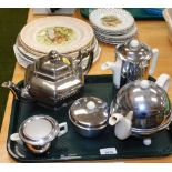 A silver lustre teapot, chrome plated part services, pierced edge bird plates to include snipe, etc.