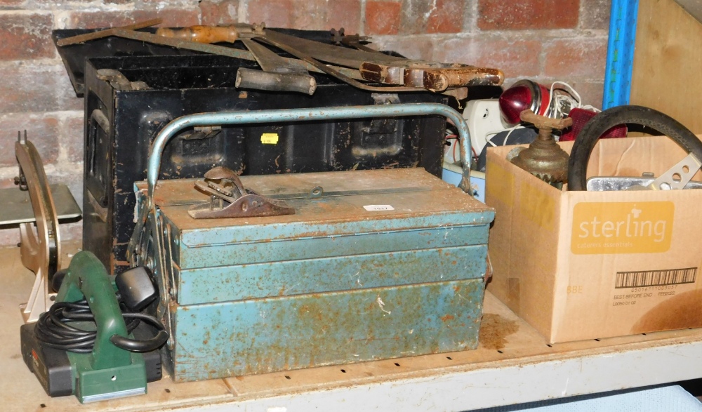 Various hand tools and effects, Astrali steering wheel, vintage sprayer, beech and metal wood plane,