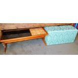 A retro tile and glass top teak coffee table, of rectangular form, 115cm wide and a two sectional