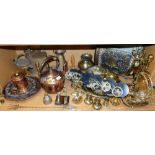 Brassware, various Martingales, hand bell, fire side companion set, copper kettle, various brass