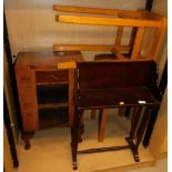 A mahogany finish side cabinet, on turned legs, 70cm high, two stools and a walnut side cabinet.