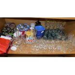 Various decorative glassware, cotton, drinks set, transfer printed wares, dip dishes, blue glazed