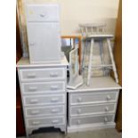 Bedroom furniture painted grey, to include a narrow chest of five long drawers, 62cm wide,