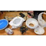 Pottery and effects, large shell, donkey ornament, binoculars, magnifying glass, purses, mirrors,