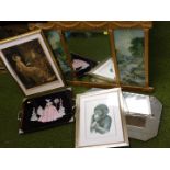 A Neo classical design mirror with printed sides, various other prints, pictures, tray, monkey print