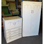 A cream painted two piece bedroom suite, comprising two door wardrobe 93cm wide, a compactum chest