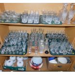 Various decorative drinking glasses, frosted glass shades, pottery jardinieres, other drinking