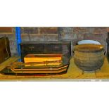Various mirrors, small iron cauldron, 28cm wide, zinc galvanized wares, drawers, axe, etc. (a