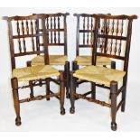 A set of four 19thC Lancashire style rush seated chairs, each with a double spindle back splat,