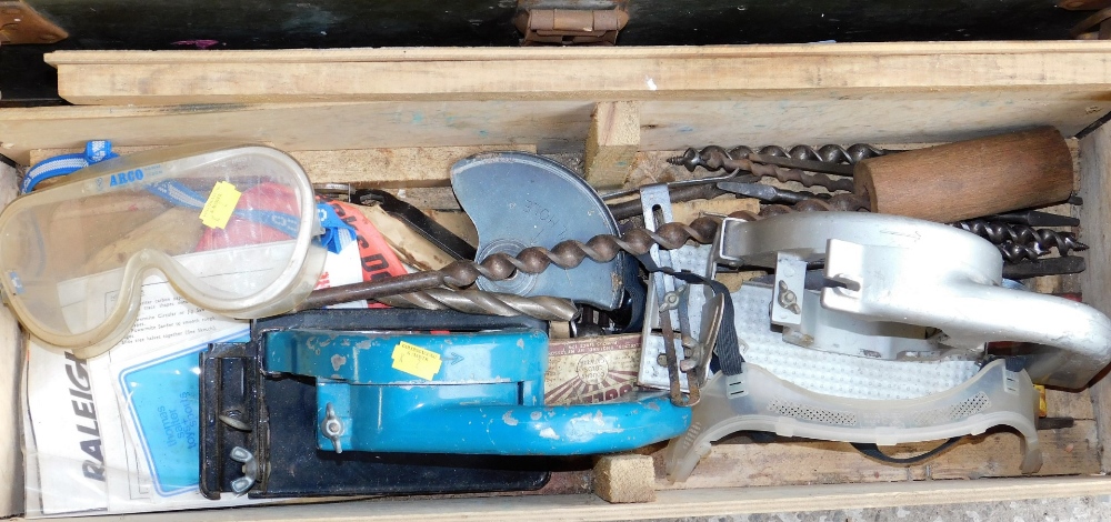 Various tools, drill bits, crank shafts, etc. and a rectangular metal trunk with studded outline, - Image 3 of 3