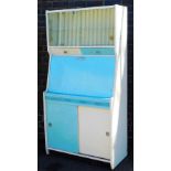 A retro Hygena kitchen cabinet in turquoise and white colour way with glazed doors, 93cm wide.
