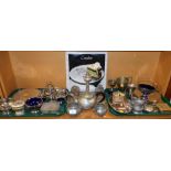 Various metalware, pewter, plated ware, trophies, coasters, place mats, glassware, mantel clock,