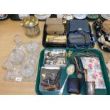 An early 20thC glass biscuit box, glass dressing table set, various flatware, corkscrews, pipe,