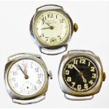 Three various trench watches, to include one with Arabic dial in shaped case, each just head only.