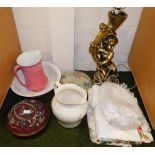 Two hassocks, jug and bowl, cherub lamp, etc. (a quantity)