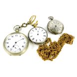Three pocket watches, comprising a silver fob watch, with silvered coloured dial, with gold coloured