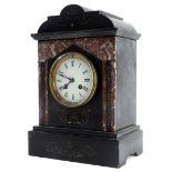 A French black slate and pink marble mantel clock, the enamel dial with Roman numerals, 34cm high.