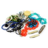 Various costume jewellery, beads, faux pearl necklaces, pen knives, stone set costume jewellery,