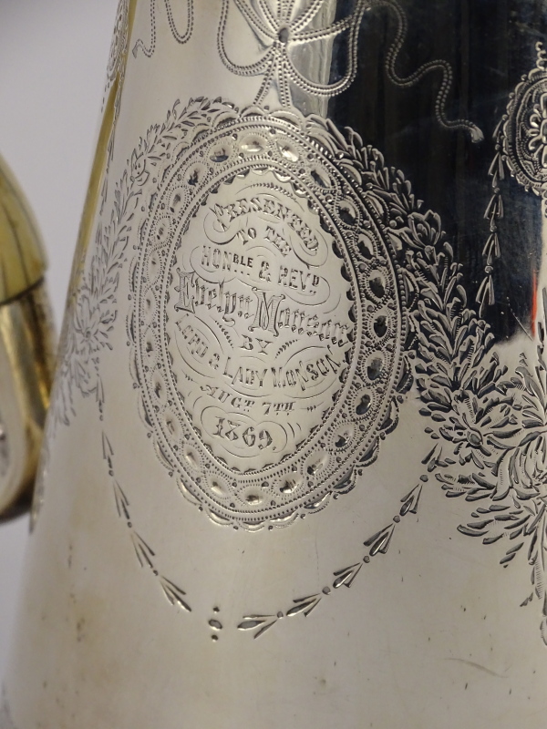 A George II silver coffee pot, of tapering form, later engraved overall with ribbons, leaves and - Image 2 of 4