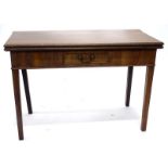 A 19thC mahogany tea table, the rectangular hinged top above a small frieze drawer on square