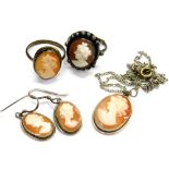 Various cameo set jewellery, comprising two silver plated cameo dress rings, a cameo pendant and