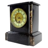 A late 19thC French black slate and marble mantel timepiece, the dial with Arabic numerals, 22cm