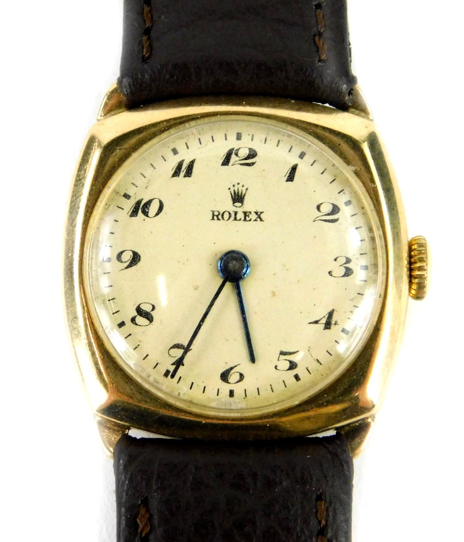 A Rolex 9ct gold gentleman's wristwatch, with cream circular dial, in square watch head, with blue