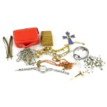 Miscellaneous costume jewellery and effects, comprising ladies wristwatch, brooch, mother of pearl