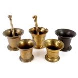 Five 19thC and earlier bell brass mortars, and two pestles, various sizes and dates.