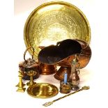 A quantity of metal ware, to include a copper coal scuttle, copper kettle, candlesticks, large