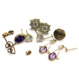 Various stone set earrings, comprising a pair of 9ct gold and white stone set cluster earrings, a