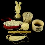 Miscellaneous items of late 19thC ivory and bone etc., to include a dressing table box, canton
