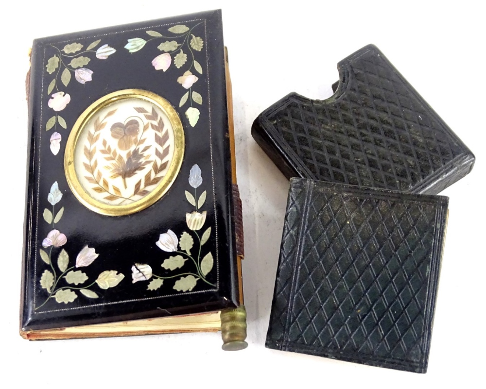 A miniature London Almanac for 1875, in original leather folder and a small papier mache and