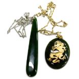 Two items of jade set jewellery, comprising a jade dragon pendant on gold plated chain, with