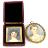 Late 19th/early 20thC School. Portrait of a lady, on ivory in gilt frame, oval, and another