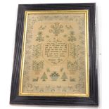 A 19thC sampler, embroidered with ducks, flower pots, etc. within a flowering border, by Elizabeth