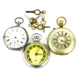 Three pocket watches, comprising a silver hunter pocket watch, with engine turned decoration and