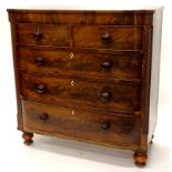 A Victorian mahogany bow fronted chest of drawers, with two short and three long drawers, each