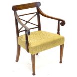 An early 19thC mahogany and ebony strung open armchair, the back with X shaped support, with