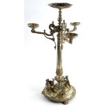 A Victorian silver plated centrepiece, with four arms, the reeded column applied with scrolls, mask,
