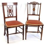 Two similar 19thC inlaid bedroom chairs, each with a pierced back on turned tapering legs.