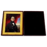 19thC School. Portrait miniature of a gentleman wearing a black jacket, with tree lined landscape to