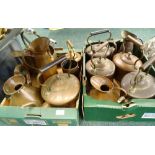 Various Victorian and later copper kettles, jugs, etc.