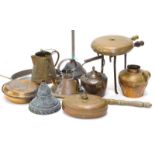 A quantity of metal ware, to include a copper and brass bed warmer, a flat bottom kettle, a