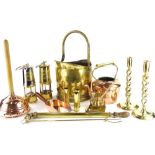 A quantity of metalware, to include miner's lamp, copper kettle, brass syringe, barleytwist brass