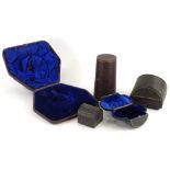 A collection of five late 19th/ early 20thC empty leather presentation boxes for silver items, to